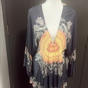 Free People Gray and Orange V-Neck Blouse